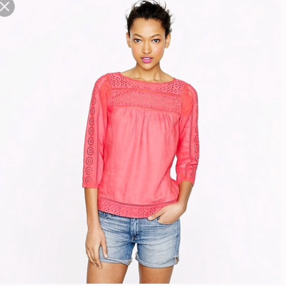 EUC J CREW LINEN EYELET TOP CORAL XS